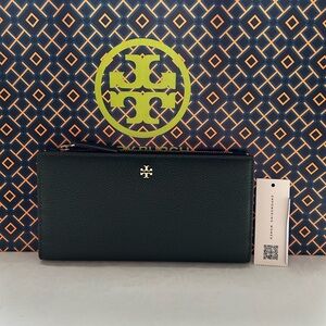 Tory Burch Blake Color Block Slim Envelope Wallet Basil Gold Dark Green